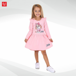 Girls dress in pink and white colors, featuring a Paw Patrol character graphic design. The dress has a flared skirt and is available in sizes 92/116.