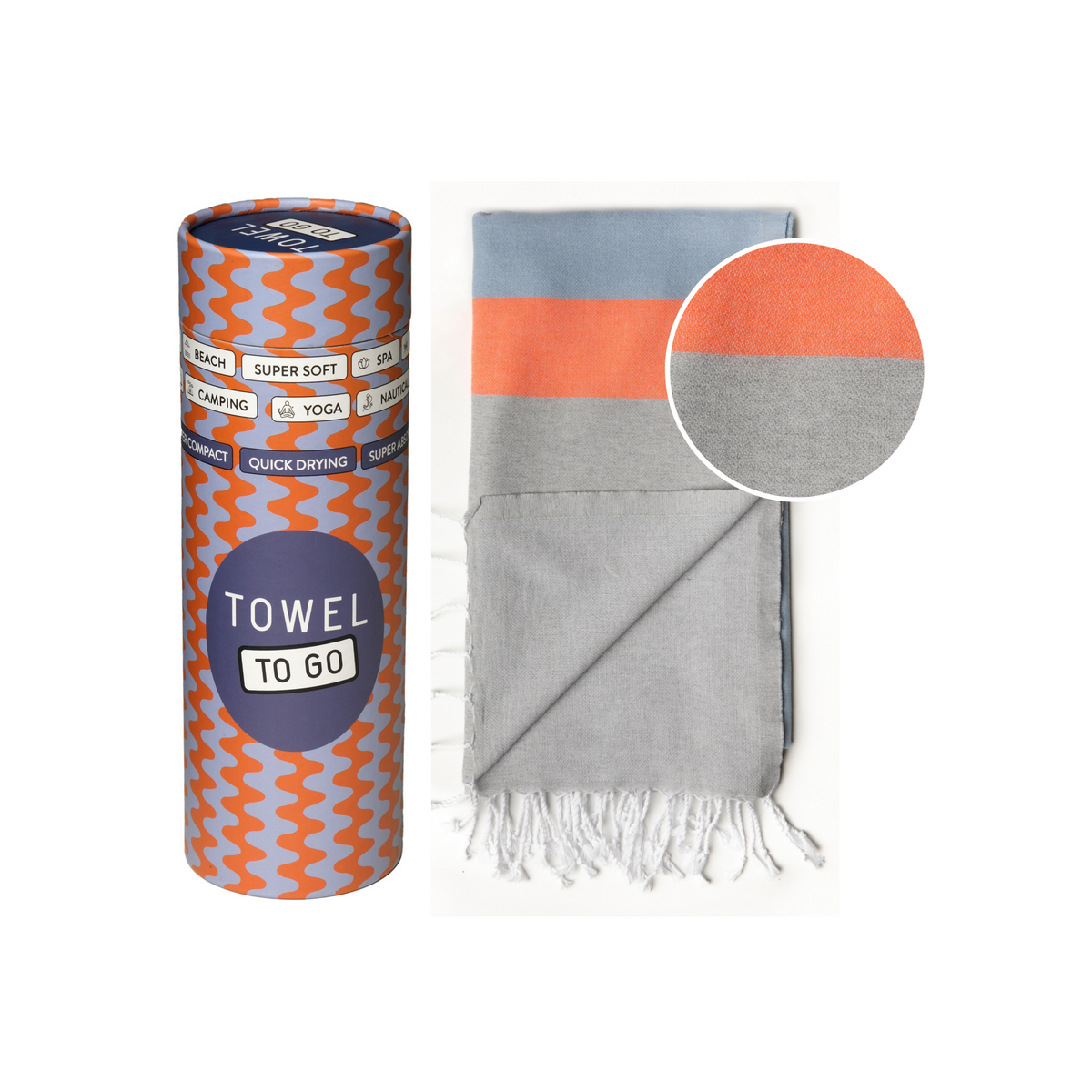 TOWEL TO GO NEON Strandlaken van gerecycled katoen 180x100 cm | Lichtgewicht sneldrogend | Blauw / Grijs | met geschenkdoos