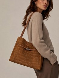 Brown crocodile embossed leather shoulder tote bag, genuine Italian crafted.