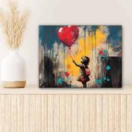 Canvas schilderij  - Wanddecoratie Meisje - Ballon - Hart - Graffiti - Muurdecoratie woonkamer - Slaapkamer decoratie - Kamer accessoires - Schilderijen op canvas