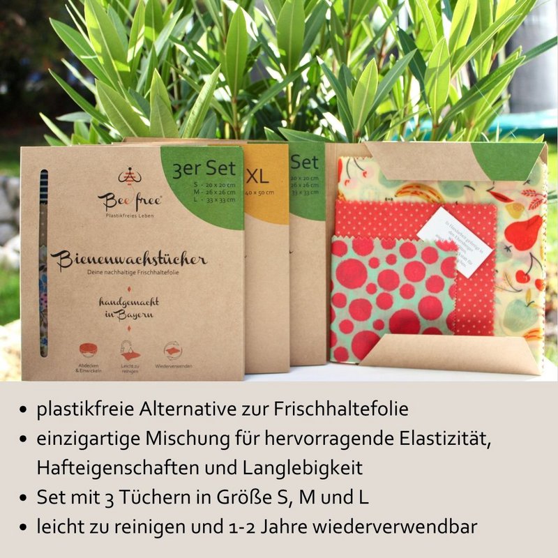 Lot de 3 chiffons en cire d'abeille biologique « Luisa » - fabriqués à la main en Allemagne