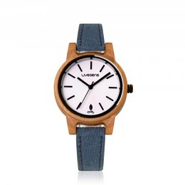 A wooden watch with a white dial and a blue denim strap. The watch has a simple, minimalist design with a round case and a classic analog display.