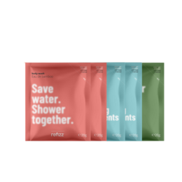 Body wash refill pack in assorted colors, featuring the text "Save water. Shower together."