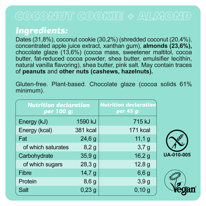 Veganer glutenfreier Bar "Kokoskekse + Mandel" 45G