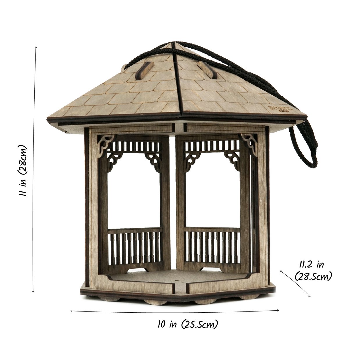Comedero para pájaros con cenador de madera, casa para pájaros teñida de gris