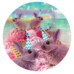 Colorful sticker set featuring adorable rabbits in a whimsical, fantasy-inspired scene. The rabbits are surrounded by vibrant colors, patterns, and sparkles, creating a playful and imaginative design.