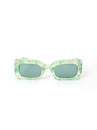Stylish green sunglasses with a unique floral pattern design, perfect for adding a touch of whimsy to any outfit. Durable plastic frame with UV400 protection lenses.