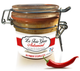  Foie gras entier au piment d'Espelette, a 100% French-origin pâté made from premium duck liver, available in 80g, 180g, and 400g sizes.