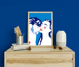 Wall art illustration print featuring abstract figures in a modern, minimalist style. Available in multiple sizes to suit various decor needs.
