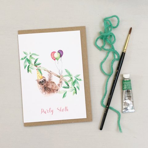 Party Sloth hand painted greetings card
