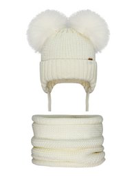 Cream knitted baby hat with double pom poms and matching scarf set. Soft, warm, and stylish winter accessories for infants and toddlers.