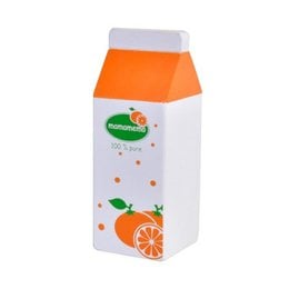 Orange juice in a white and orange carton container with a graphic of orange slices.