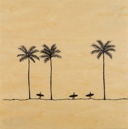 Poster featuring black silhouettes of palm trees against a beige background, with a simple design of surfers on the horizon.
