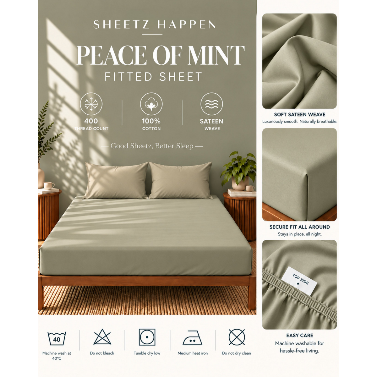 Drap-housse - Satin de coton 400 fils au pouce - Paix de menthe