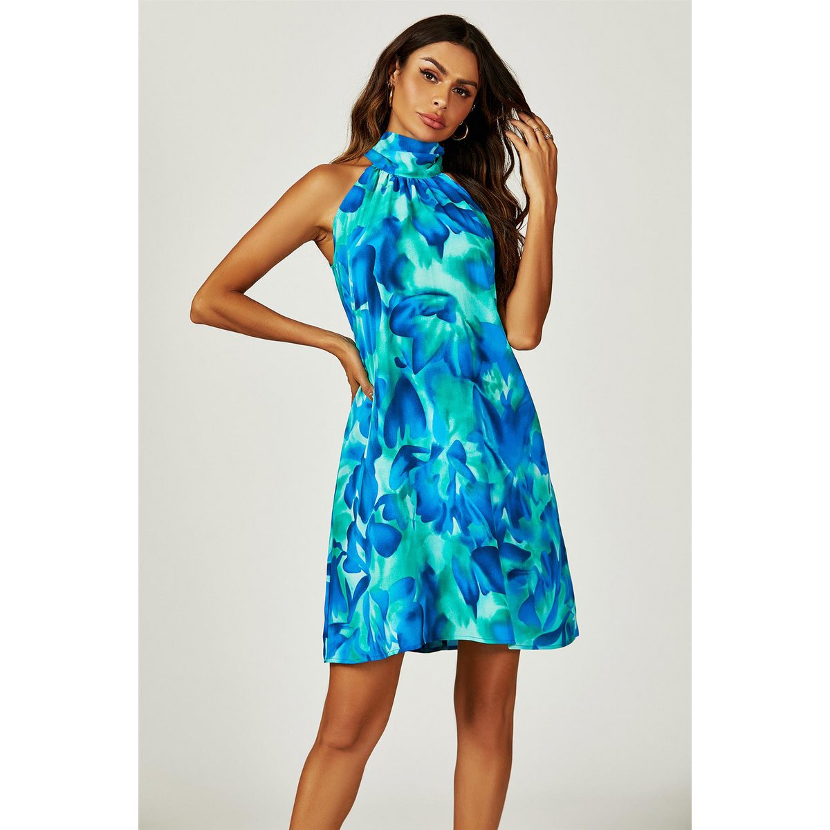 Abstract Floral Stampa Halter Neck Tie Back Mini abito in blu