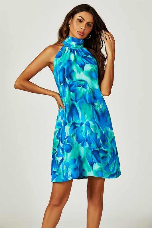 Abstrakt blomsterprint halter hals slips tilbage mini kjole i blå