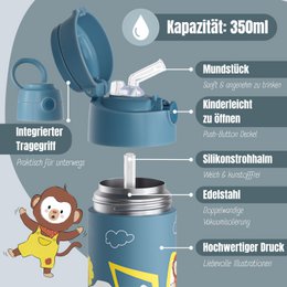 Thermo kinderdrinkfles RVS - graafmachine aap blauw
