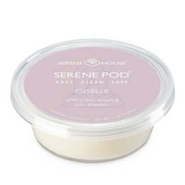 Serene House - Serene Pod® 30g - Giselle. Wax melt in a round, white container with a pink label. The product is described as "Easy, Clean, Safe" and the scent is "Giselle" which contains notes of cedar wood and amber.