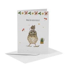A hand-painted Christmas card featuring a whimsical owl design with festive elements like holly and berries. The card is A6 size and was created by the artist Mies.