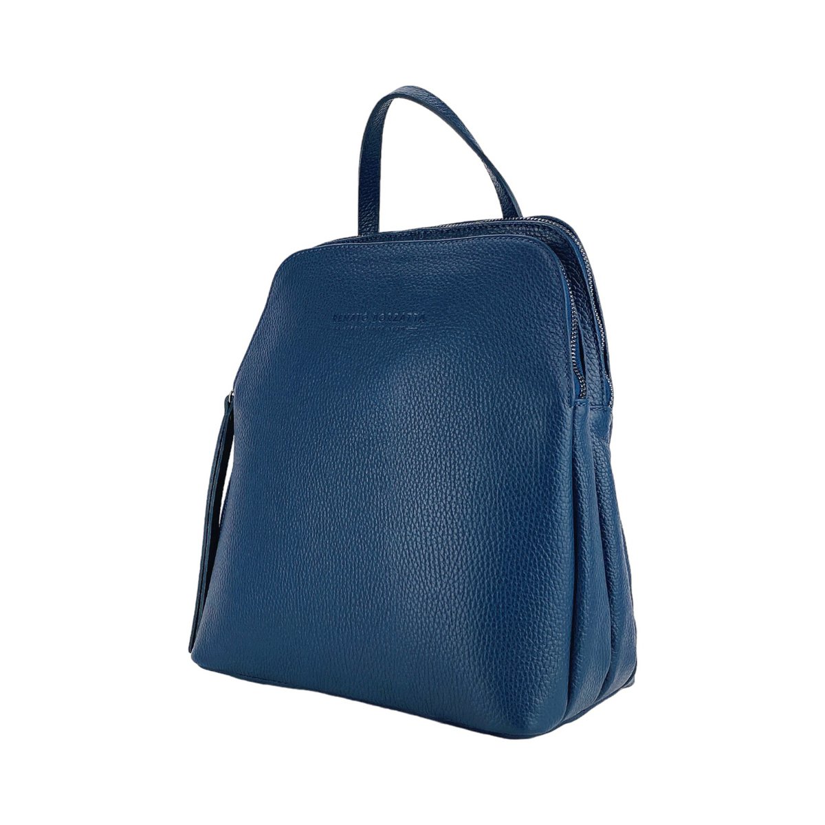 RB1018D | Echt leren damesrugzak met dubbel compartiment, gemaakt in Italië, met verstelbare schouderbanden. Gunmetal metalen accessoires - Blauwe kleur - Afmetingen: 26 x 30 x 14,5 cm