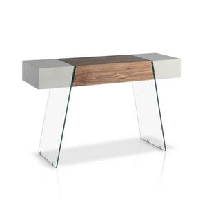 Walnut wood console and tempered glass
