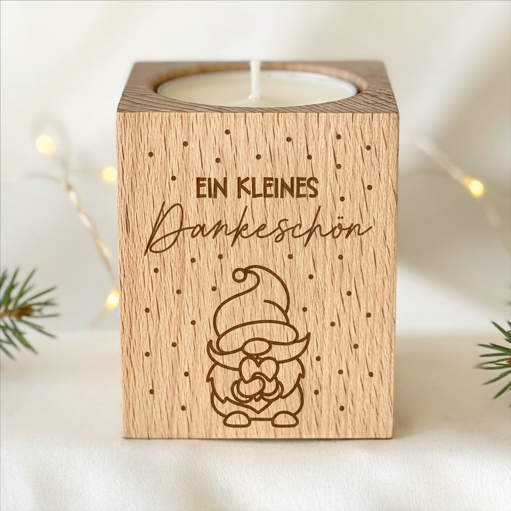 Wooden tealight holder "A small thank you" with gnome – Christmas gift for employees & colleagues | incl. tealight 