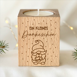 Wooden tealight holder "A small thank you" with gnome – Christmas gift for employees & colleagues | incl. tealight 