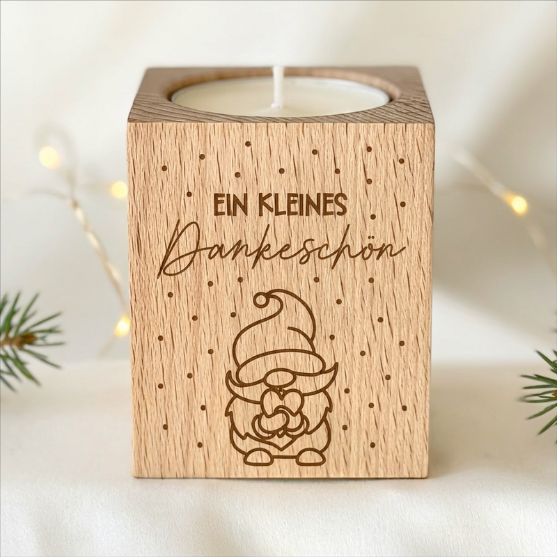 Wooden tealight holder "A small thank you" with gnome – Christmas gift for employees & colleagues | incl. tealight 