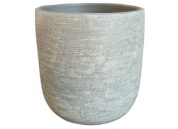 A round, tall, grey jute plant pot with a matte finish.