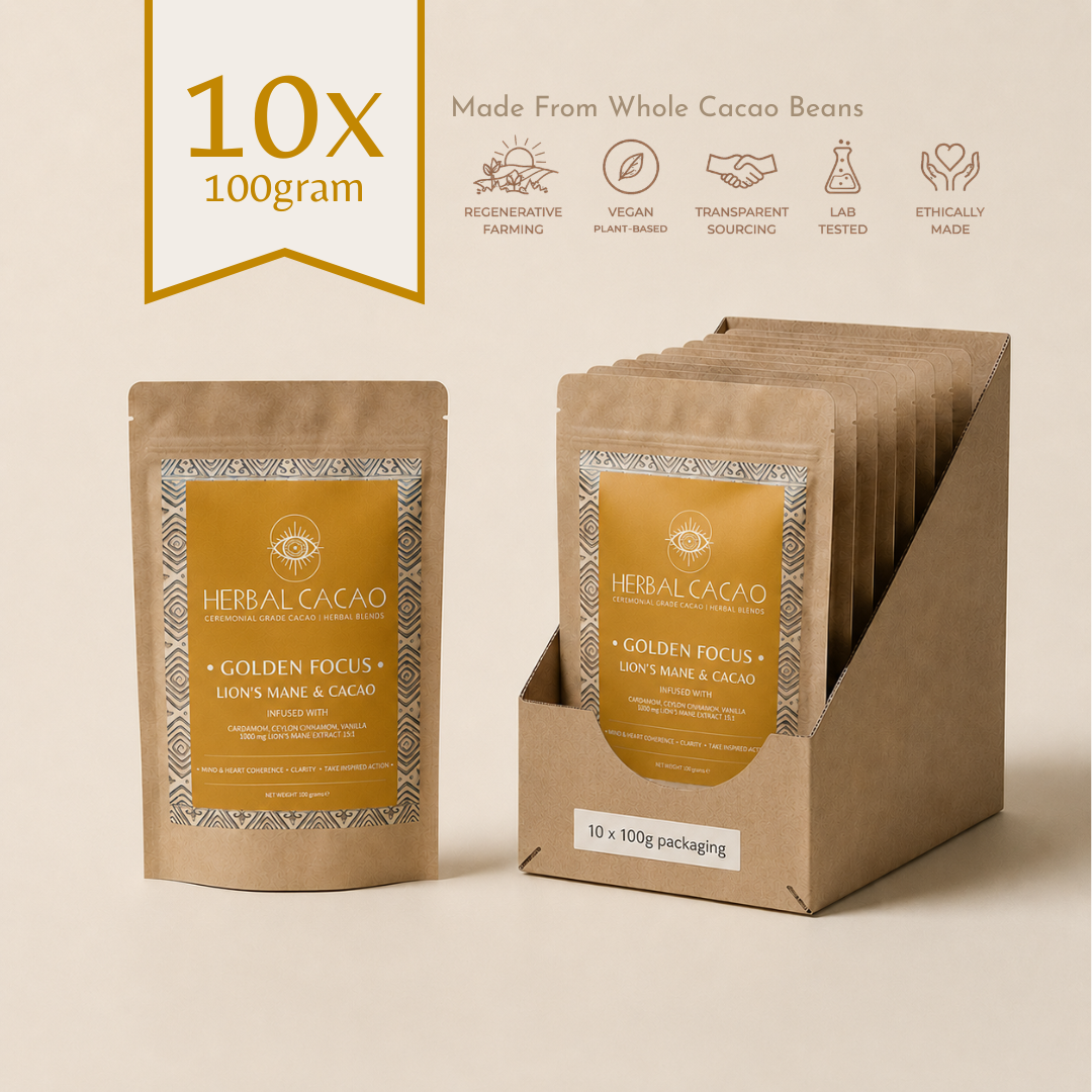 Lion’s Mane & Ceremonial Cacao | Golden Focus (10 pieces)
