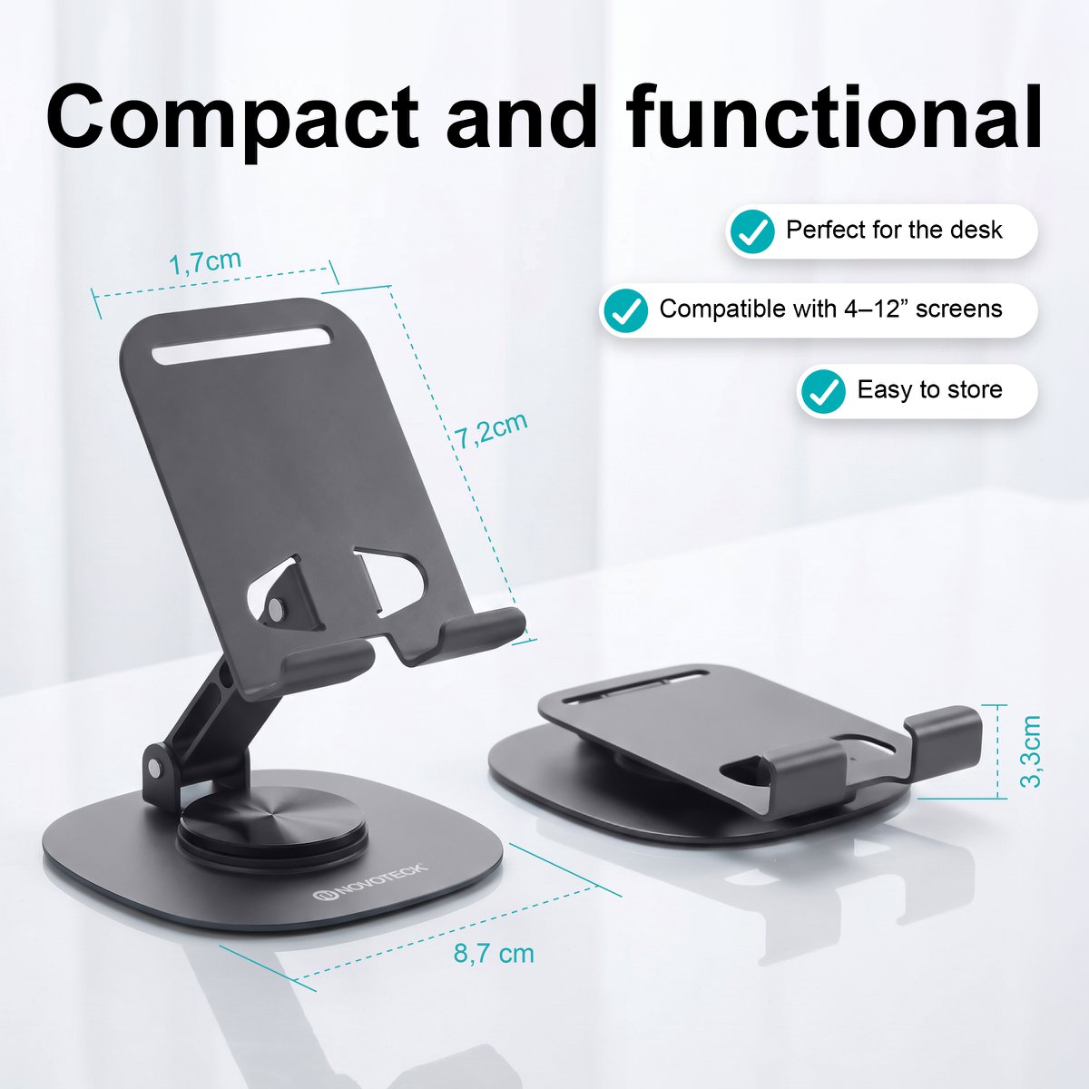 NOVOTECK Z-094 Soporte Giratorio Plegable para Teléfono - Base Metálica con Ángulo Ajustable de 360° para Smartphones y Tabletas