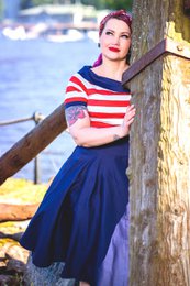 EU Stock Darlene Retro Swing Dress in Navy med røde og hvide striber