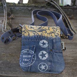 Sunsa petit sac à bandoulière durable. Sac à bandoulière pour femme fabriqué à partir de jeans recyclés et de toile (toile). Sac à main style rétro vintage. Sac bandoulière pour femme.
