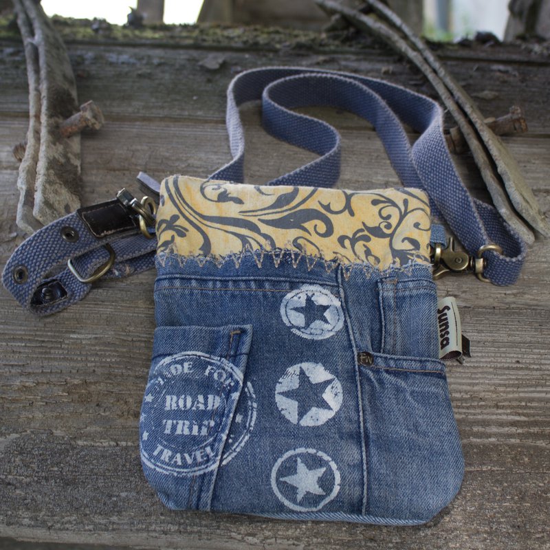 Sunsa kleine Nachhaltige Umhängetasche.  Damen Schultertasche aus recycelte Jeans & Canvas ( Segeltuch). Handtasche Vintage retro Stil. Crossbody Tasche für Frauen.