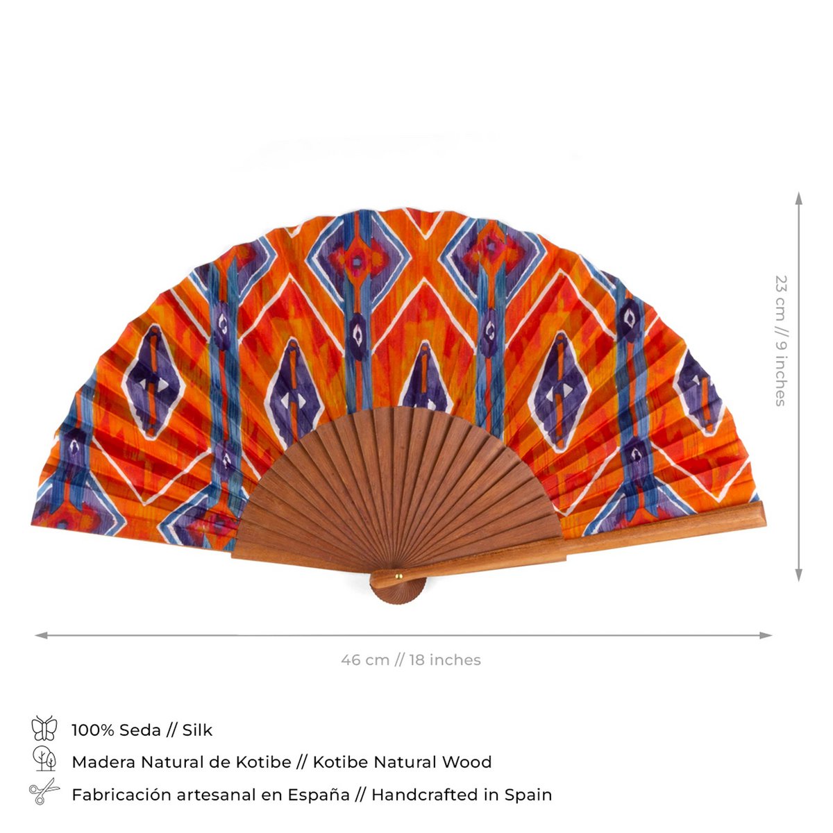 Orange und blau Seidenhandlüfter mit Bocapi Holz und Ikat -Druck