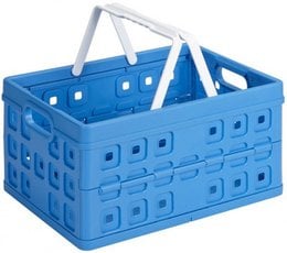 Blue folding crate with white handles, plastic storage basket, collapsible design, rectangular shape, 32 liter capacity.