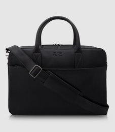 Black laptop bag with adjustable shoulder strap and multiple compartments for storage.