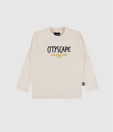 Cream beige long sleeve sweatshirt with "Cityscape" text graphic print, kids sweater.