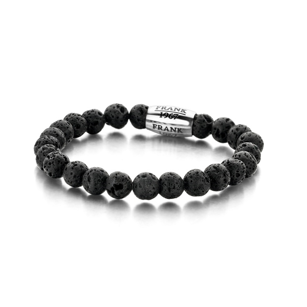 Frank 1967 7FB-0050 - Pulsera elástica de piedras naturales - Hombre - Piedra de lava con elemento de acero plateado - 8 mm / 20 cm - Negro