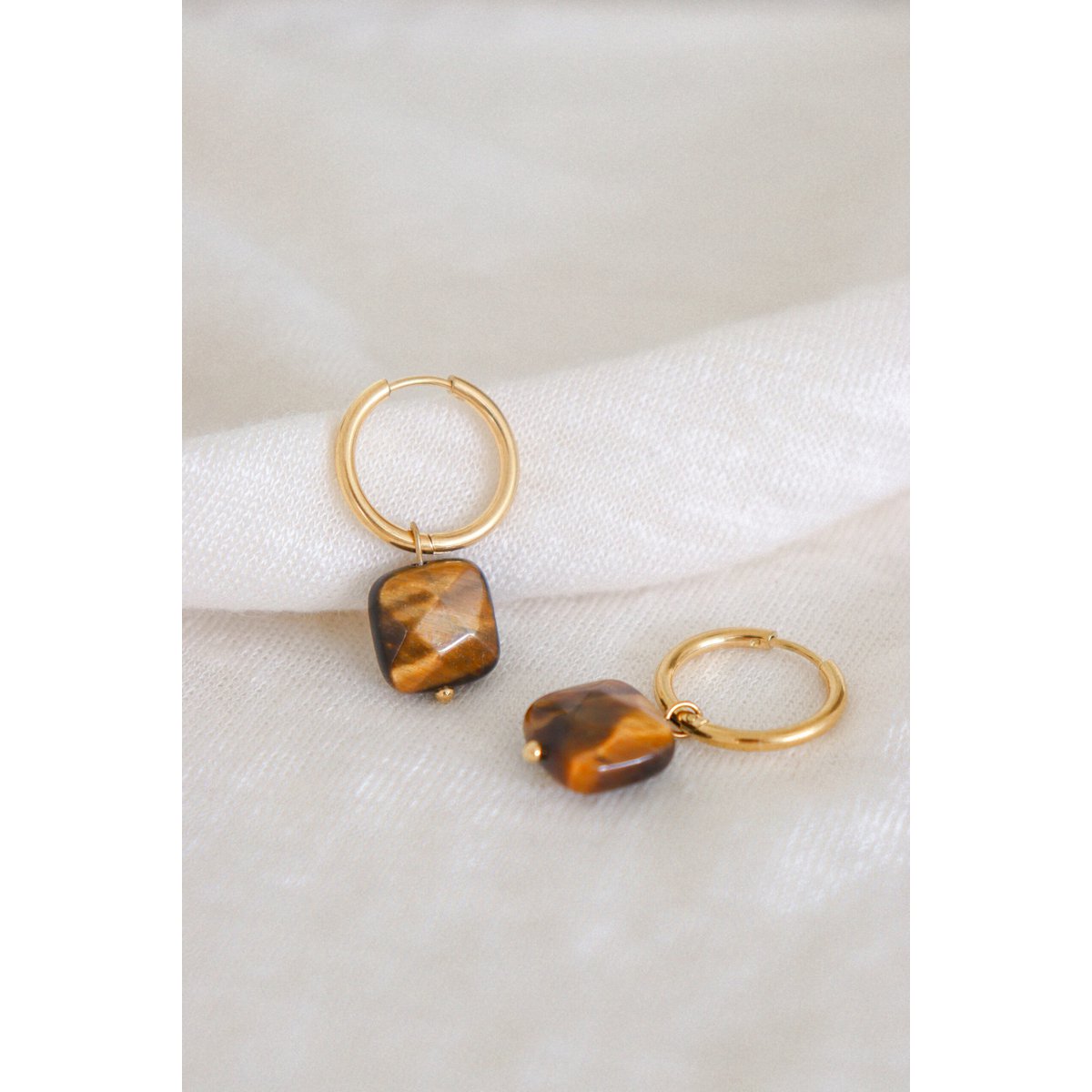 Boucles d'Oreilles Oeil de Tigre - Or