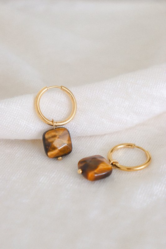 Boucles d'Oreilles Oeil de Tigre - Or
