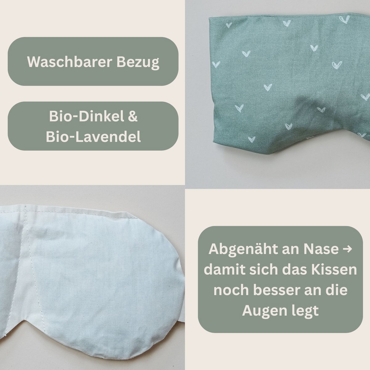 Afslapningspuder til øjnene med organisk stavet og organisk lavendel-heart matcha
