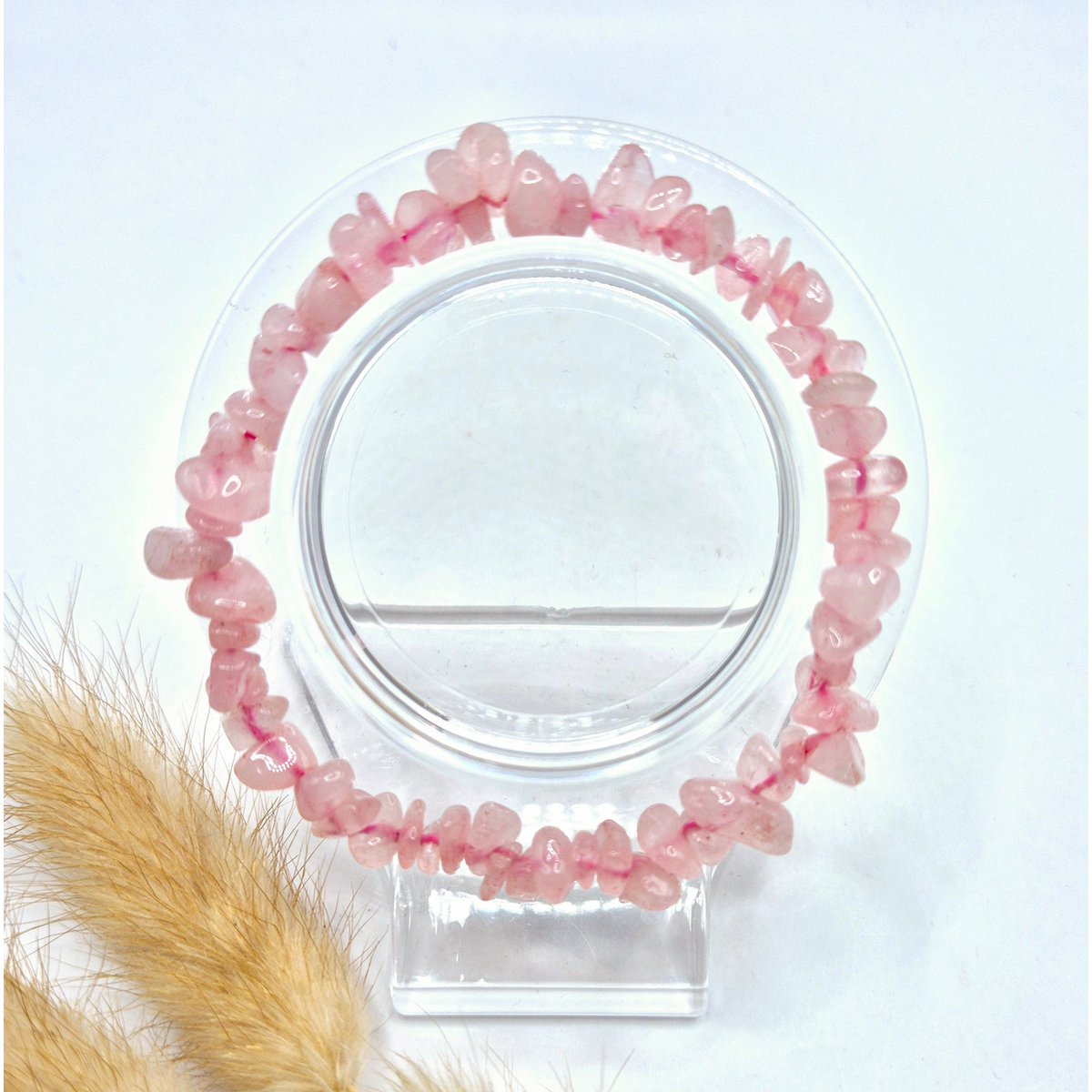 Pulsera con chips de piedras preciosas de cuarzo rosa y cristal - 19 cm