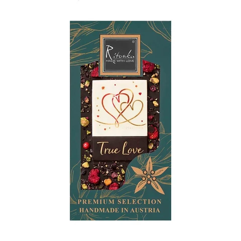Premium dark chocolate “TRUE LOVE” raspberries, rose, pistachios 95g