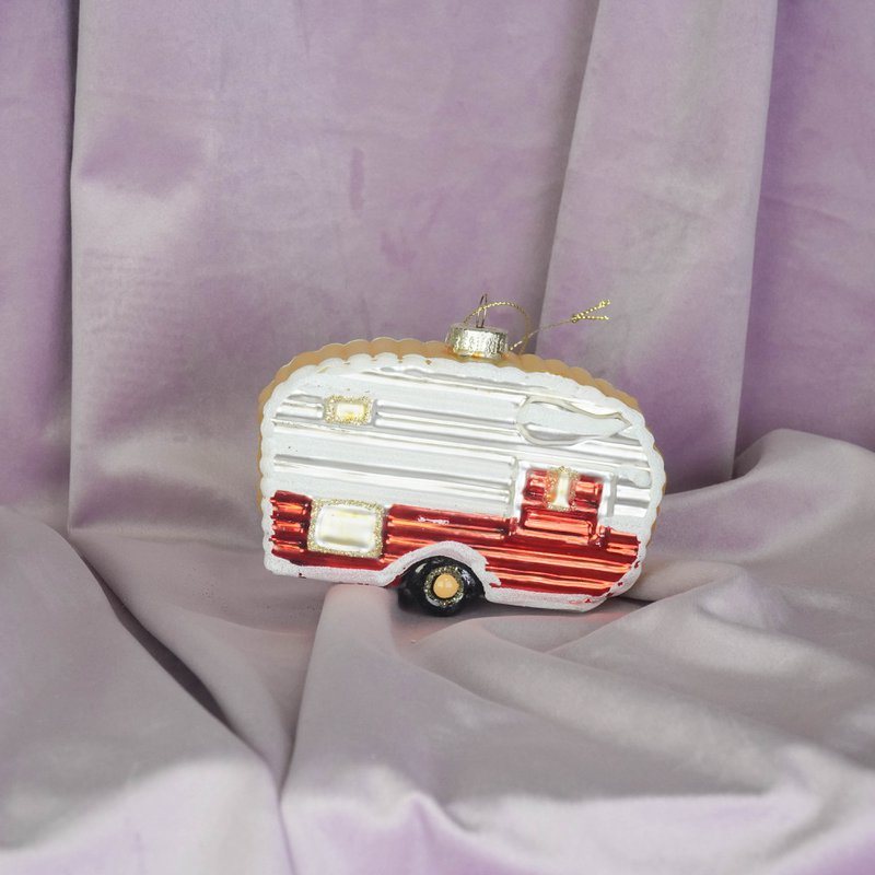 Weihnachtshänger – Wohnwagen – Weiß/Rot – Glas – 11,5 x 5 x 8 cm