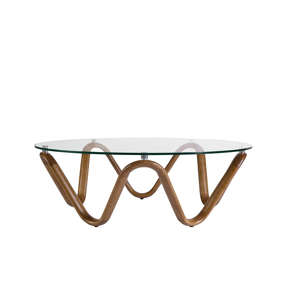 Round tempered glass and walnut coffee table 2124