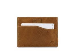 Leather card holder with ID window in a brushed cognac color.