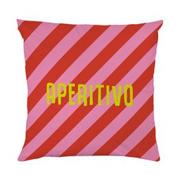  A decorative throw pillow with a red and pink striped pattern and the text "Aperitivo" printed in yellow. The pillow has a square shape and appears to be made of a soft, textured material.
