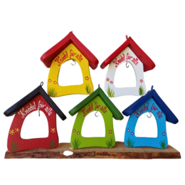 Colorful wooden bird feeder house, red yellow blue green white, small bistro style, paw prints design, hanging feeding station.