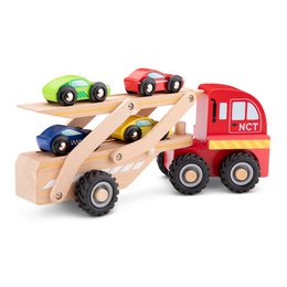Houten autotransporter met 4 auto’s